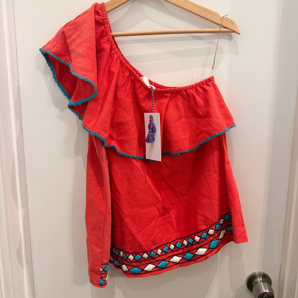 PIPER by Townsen One Shoulder Ruffle Embroidered Top Large Boho Festival Red